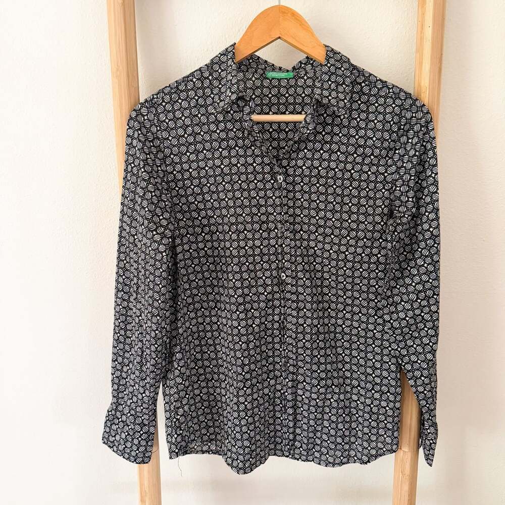 United Colors of Benetton Shirt Women XS Black White Geometric 100% Cotton